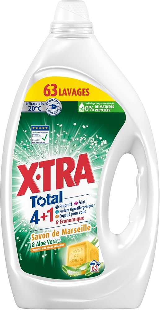 X-TRA - Lessive liquide - Hypoallergénique - 4+1 - Savon de Marseille& Aloe Vera - 63 lavages - 2.835 l