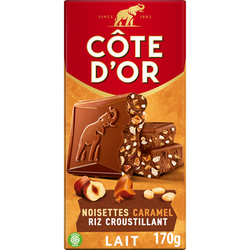 Tablette chocolat au lait bloc indulgent mix noisettes caramel riz, COTE D'OR, 170g
