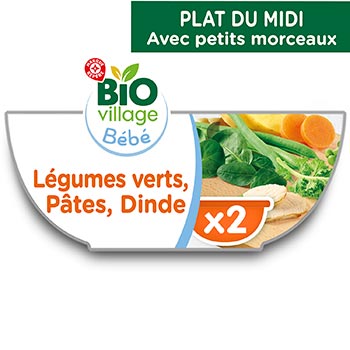 Bol légumes vert Bio Village Pâtes dinde bio 8 mois - 2x200g