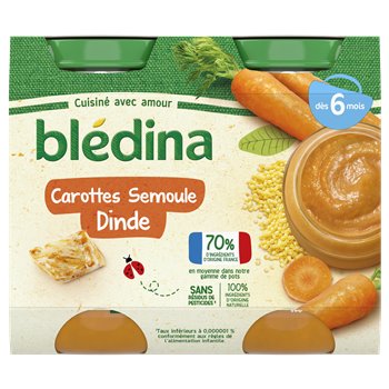 Petit pot bébé Blédina 6 mois Semoule carotte dinde - 2x200g