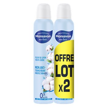 Déodorant Monsavon spray Alun, lait et coton - 2x200ml