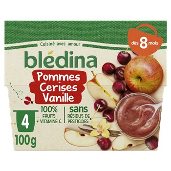 Purée fruit bébé Blédina 8 mois Pomme cerise vanille - 4x100g